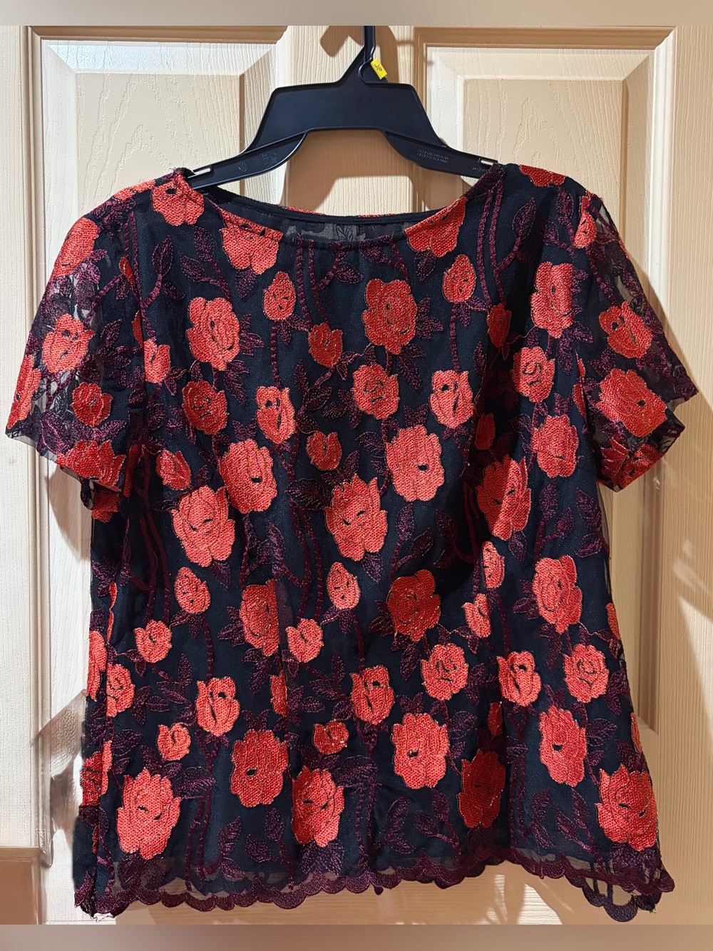 Lace Top with Orange & Burgundy Embroidery, Size M